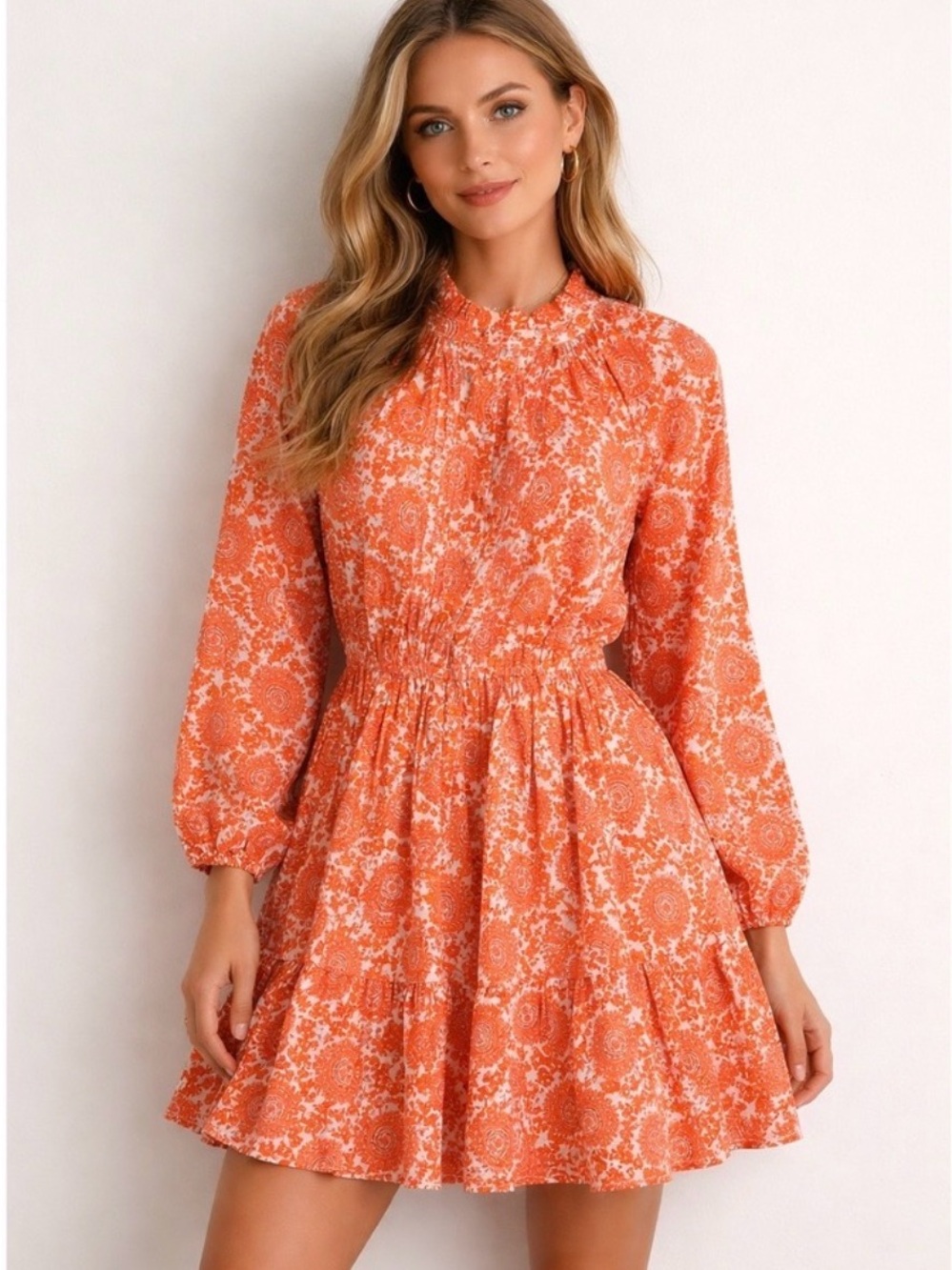 J.Crew Paisley‎ Mini Dress Orange White Ruffle Size XL
